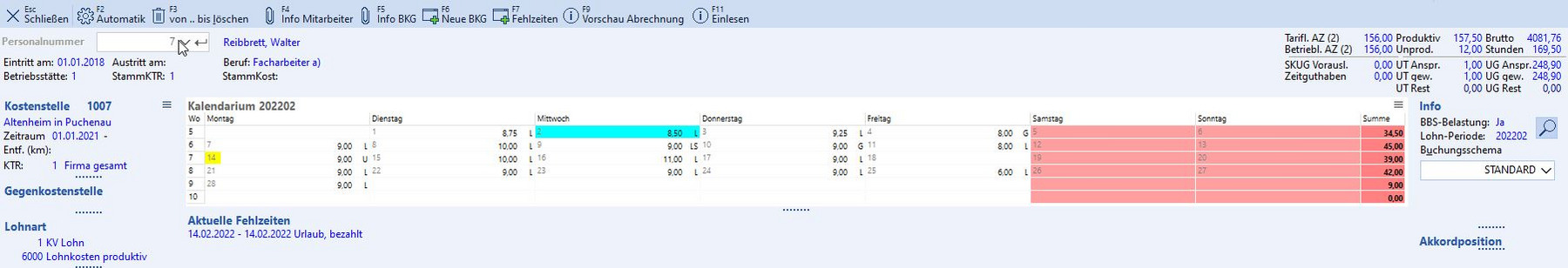 Musterschirm der Zeiterfassung