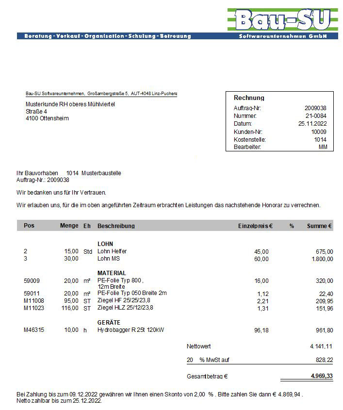 Musterdruck der Regierechnung