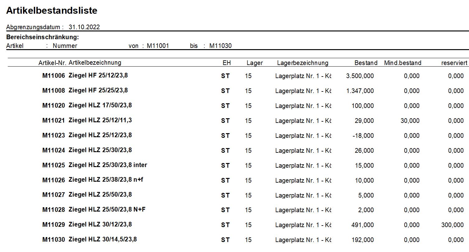 Musterdruck der Artikelbestandsliste