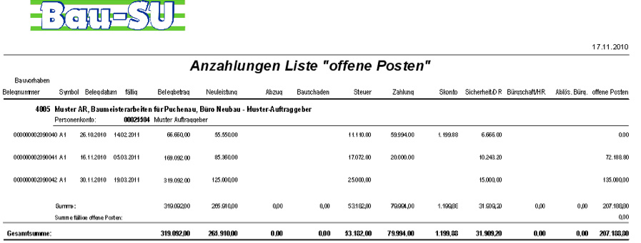 Liste der offenen Posten aus den Anzahlungen (Zusatzmodul)