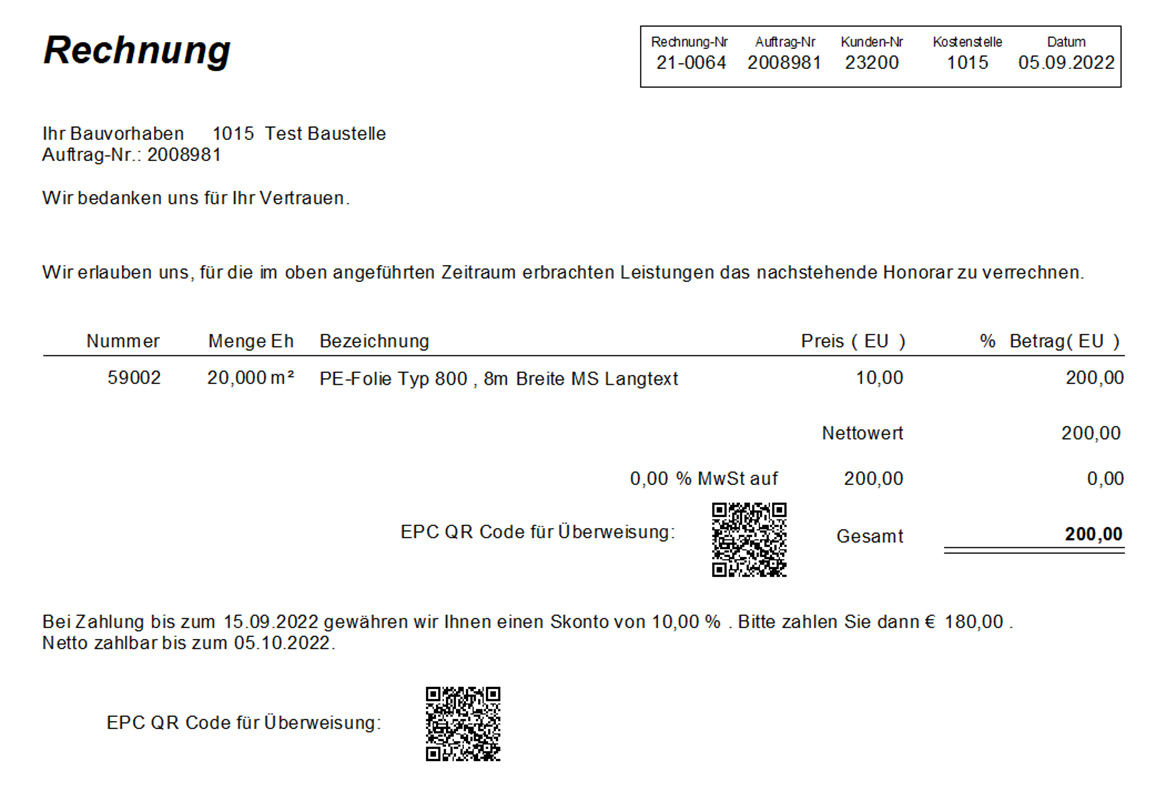 Musterdruck der Baumarktrechnung